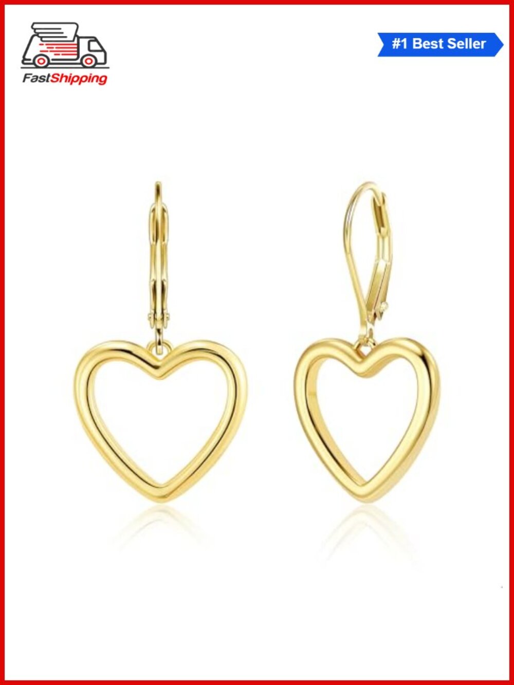 ✨ 14K Gold Plated Silver Heart Dangle Earrings Drop Lever Back